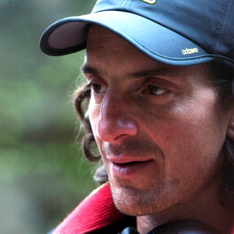 American free climber Dean Potter looks on after walking a 41-meter-long and two-centimeter-wide slackline over Enshi Grand Canyon at an altitude of 1,800m on April 22, 2012 in Enshi, Hubei Province of China. (Photo by ChinaFotoPress/Getty)