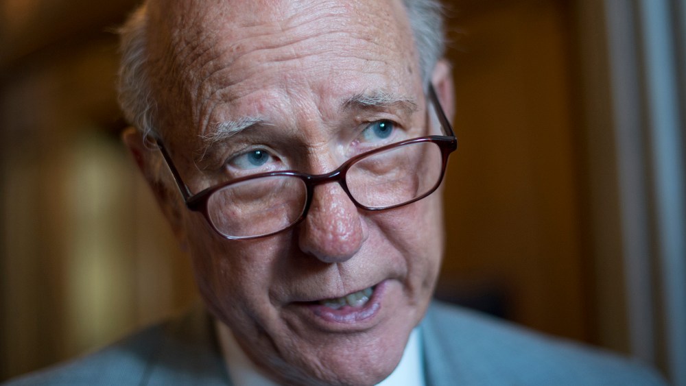 Sen. Pat Roberts, R-Kan., talks with reporters before a Senate luncheon at the Capitol in 2012.