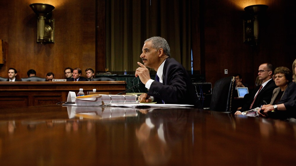 U.S. Attorney General Eric Holder before the Senate Judiciary Committee on Capitol Hill June 12, 2012 in Washington, D.C.