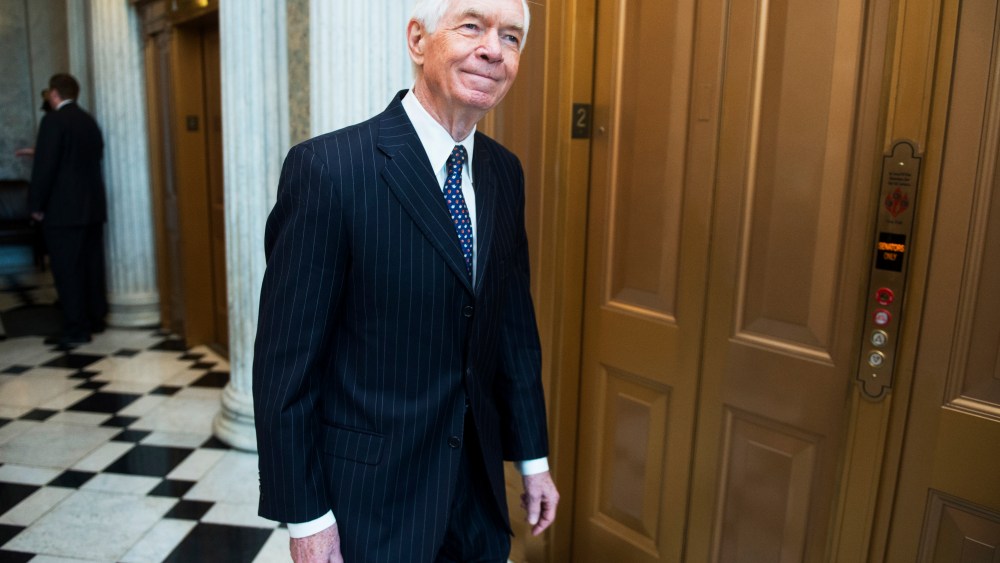 Sen. Thad Cochran arrives for the Senate Republicans' policy lunch in the Capitol on Tuesday, July 10, 2012.