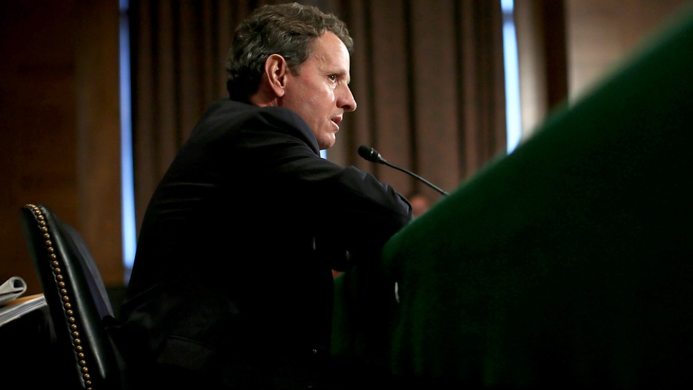 Timothy Geithner testifies during a hearing on Capitol Hill in Washington, DC.