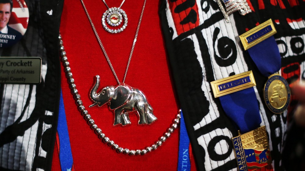 An Arkansas woman wears various political items before the start of the Republican National Convention, August 27, 2012.