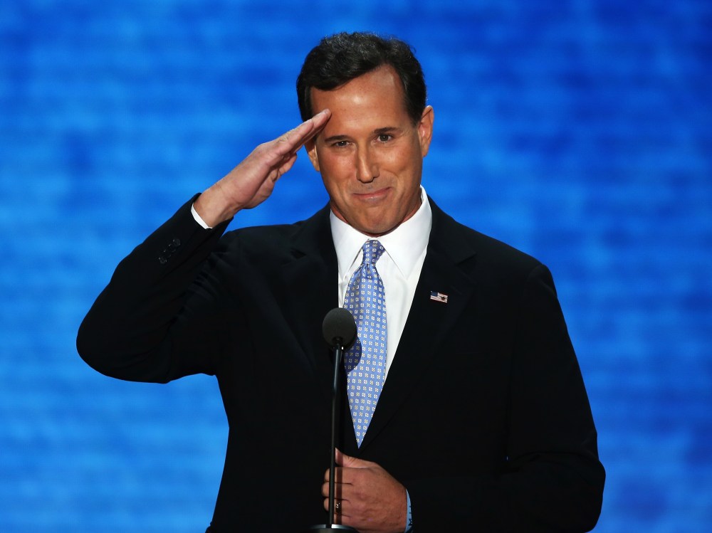 File Photo: Former U.S. Sen. Rick Santorum salutes during the Republican National Convention at the Tampa Bay Times Forum on August 28, 2012 in Tampa, Florida. (Photo by Mark Wilson/Getty Images)