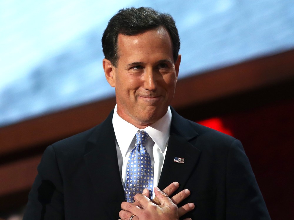 File Photo: Former U.S. Sen. Rick Santorum speaks on stage during the Republican National Convention at the Tampa Bay Times Forum on August 28, 2012 in Tampa, Florida. (Photo by Spencer Platt/Getty Images File)