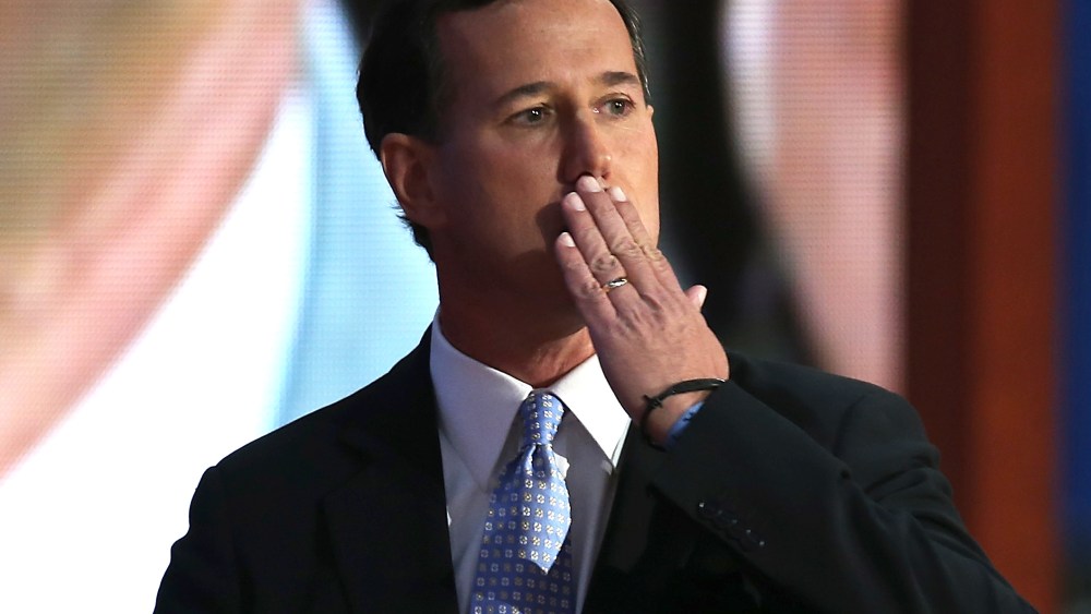 File Photo: Former U.S. Sen. Rick Santorum gestures after speaking on stage during the Republican National Convention at the Tampa Bay Times Forum on August 28, 2012 in Tampa, Florida. Today is the first full session of the RNC after the start was...