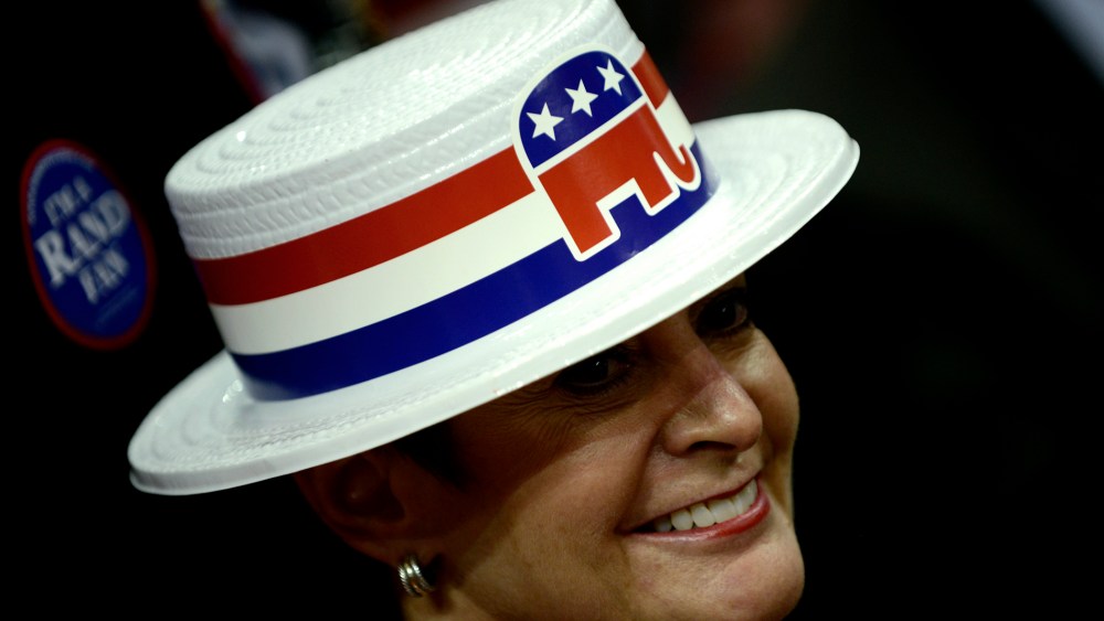 A woman sports a hat with the Republican elephant symbol on Aug. 29, 2012 during the Republican National Convention in Tampa, Fla.