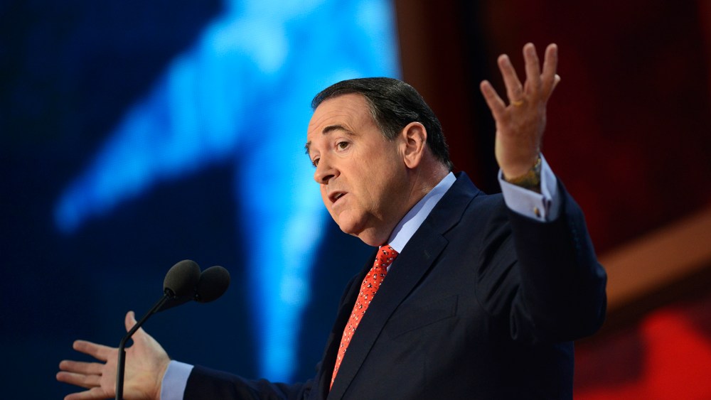 Former US presidential contender Mike Huckabee speaks during the third day of the 2012 Republican national Convention at the Tampa Bay Times Forum on Aug.  29, 2012 in Tampa, Fla.