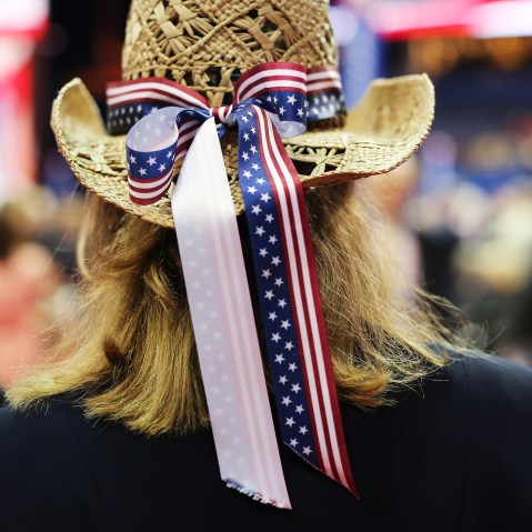 A woman wears a cowboy hat with a patriotic bow during the final day of the Republican National Convention Aug. 30, 2012 in Tampa, Fla.