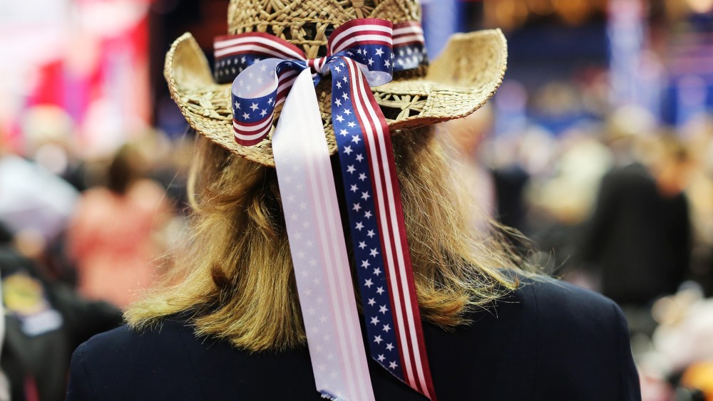 A woman wears a cowboy hat with a patriotic bow during the final day of the Republican National Convention, Aug. 30, 2012 in Tampa, Fla.