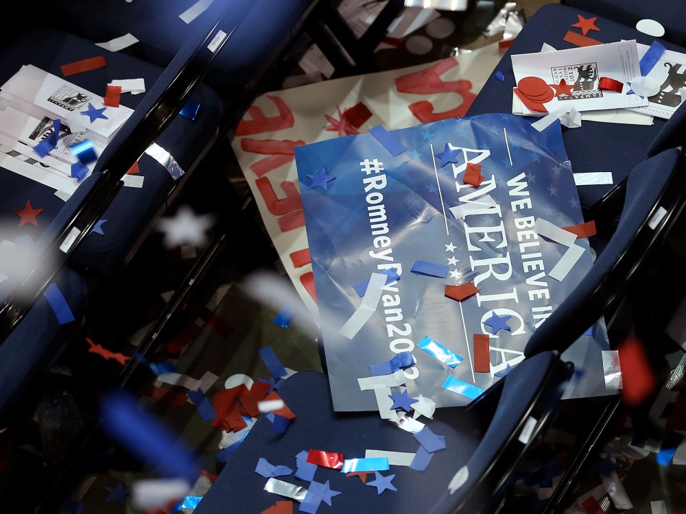 A campaign sign sits on a seat after Republican presidential candidate, former Massachusetts Gov. Mitt Romney accepted the nomination during the final day of the Republican National Convention at the Tampa Bay Times Forum on August 30, 2012 in Tampa,...