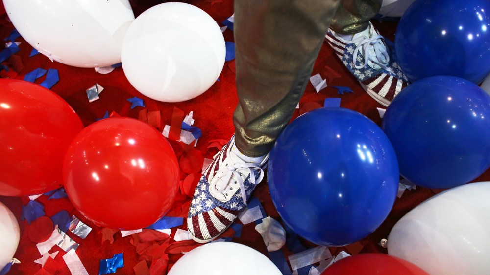 A person stands in balloons during the 2012 Republican National Convention in Tampa, Florida.