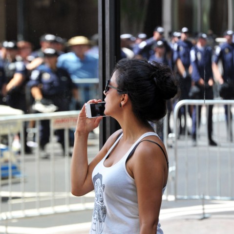 A woman talks on a mobile phone in Charlotte, North Carolina.