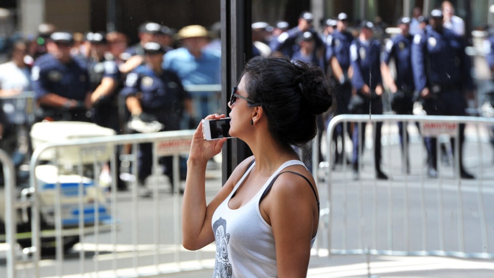 A woman talks on a mobile phone in Charlotte, North Carolina.
