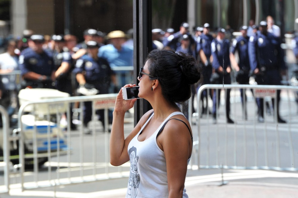 A woman talks on a mobile phone in Charlotte, North Carolina.