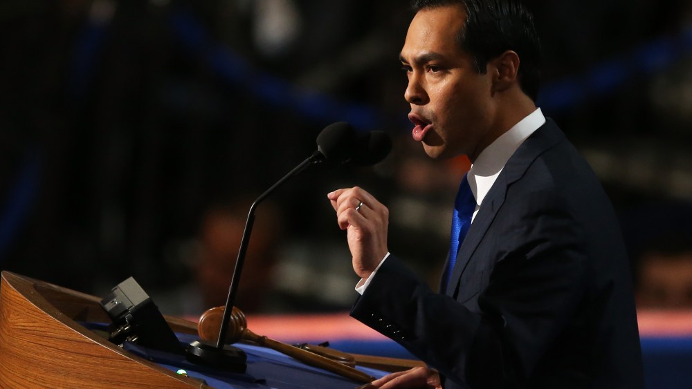 San Antonio Mayor Julian Castro gives the keynote address on stage during day one of the Democratic National Convention Sept. 4, 2012 in Charlotte, North Carolina.