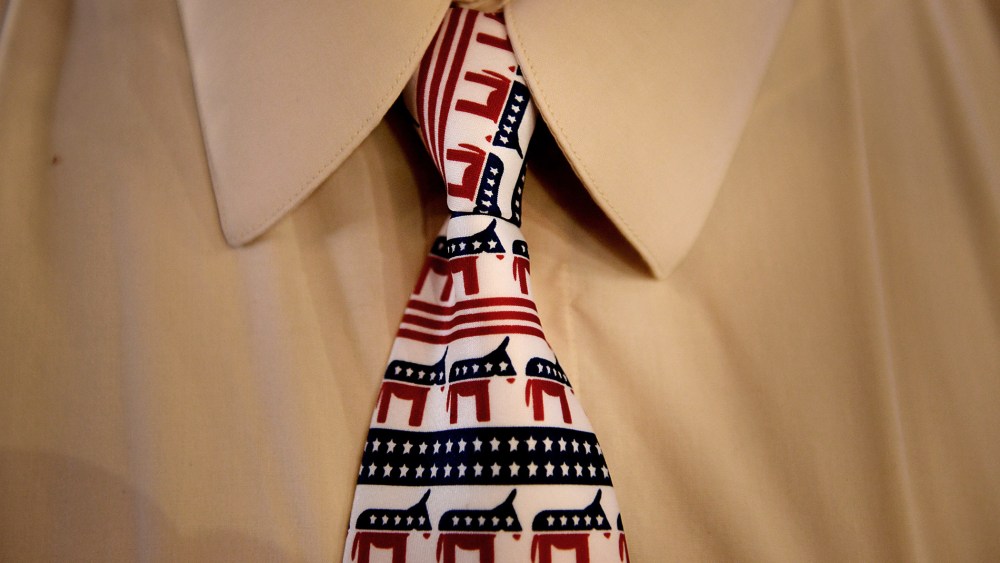 A delegate wears a tie branded with a donkey, the symbol of the Democratic party, during day two of the Democratic National Convention (DNC) in Charlotte, N.C., on, Sept. 5, 2012. (Photo by Daniel Acker/Bloomberg/Getty)