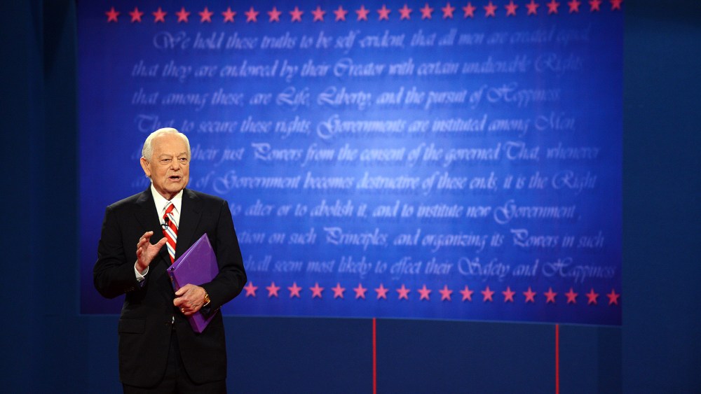 Television journalist Bob Schieffer speaks to the audience before the third and final presidential debate at Lynn University in Boca Raton, Fla., on Oct. 22, 2012. (Photo by Saul Loeb/AFP/Getty)