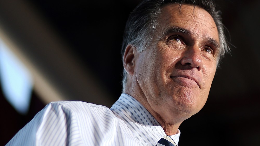 Former Republican presidential candidate and Massachusetts Gov. Mitt Romney speaks during a campaign rally at Tampa International Airport on Oct. 31, 2012 in Tampa, Fla. (Photo by Justin Sullivan/Getty)