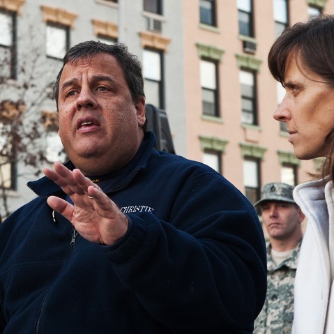 Chris Christie and Hoboken Mayor Dawn Zimmer during a joint press conference, Nov. 4, 2012.