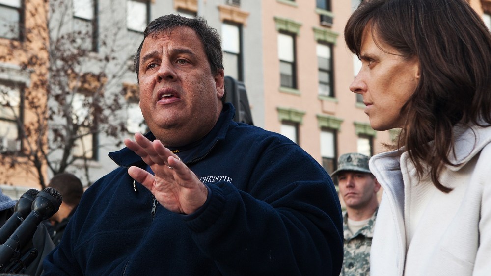 Chris Christie and Hoboken Mayor Dawn Zimmer during a joint press conference, Nov. 4, 2012.