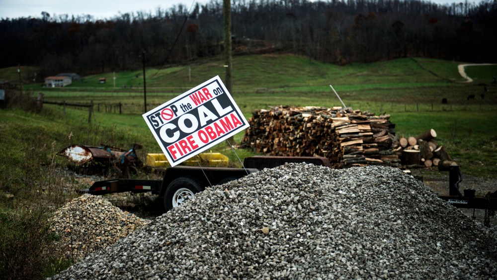 A sign against US President Barack Obama's alleged position against the coal mining industry is seen in Quaker City, Ohio.