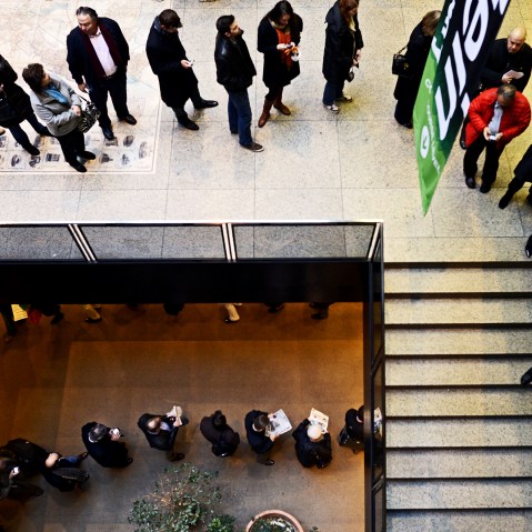 Voters line up to cast their vote at the Boston Public Library, November 6, 2012.