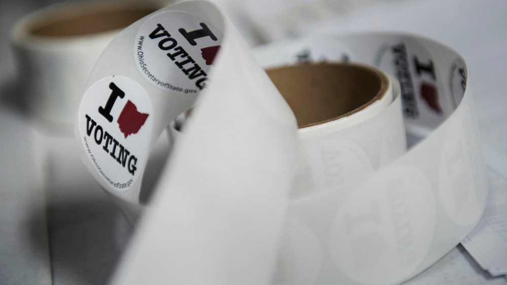 Stickers for voters are seen at Tremont Elementary School during election day in Cleveland, Ohio, Nov. 6, 2012.