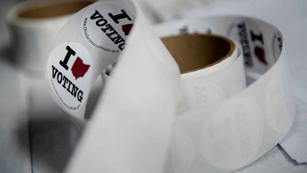 Stickers for voters are seen at Tremont Elementary School during election day Nov, 6, 2012 in Cleveland, Ohio.