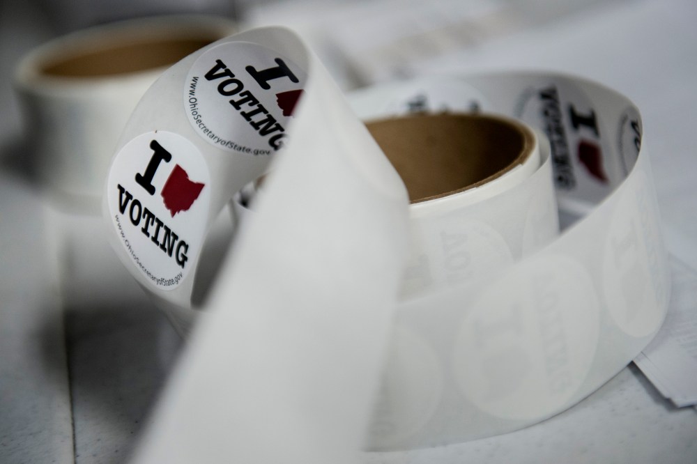 Stickers for voters are seen at Tremont Elementary School during election day Nov, 6, 2012 in Cleveland, Ohio.