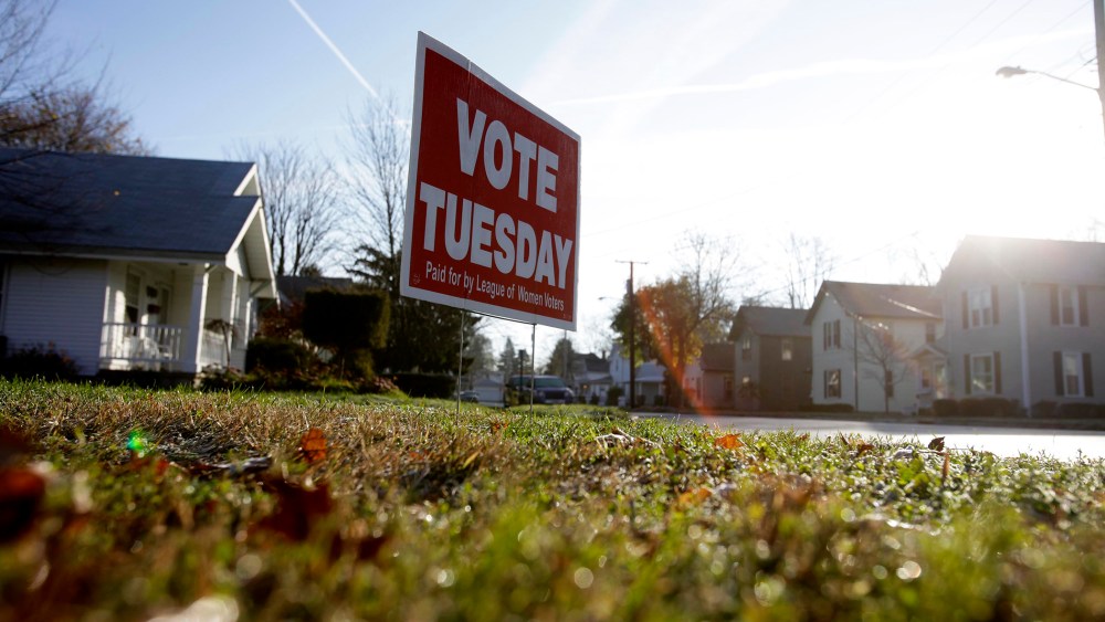 A sign reminding local residents to vote is seen November 6, 2012 in Portage, Ohio.