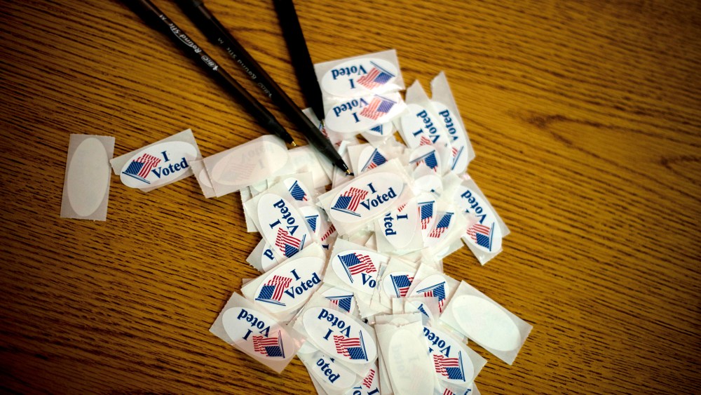 I Voted stickers are shown at a polling station, Nov. 6, 2012 in Youngstown, Ohio.