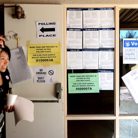 Ji Son celebrates after voting on election day at Christ Lutheran Church in Monterey Park, Los Angeles County, on Nov. 6, 2012 in California.