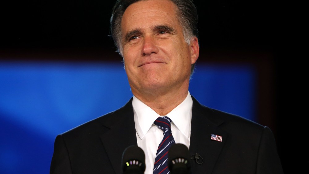 File Photo: Republican presidential candidate, Mitt Romney, speaks at the podium as he concedes the presidency during Mitt Romney's campaign election night event at the Boston Convention & Exhibition Center on November 7, 2012 in Boston,...
