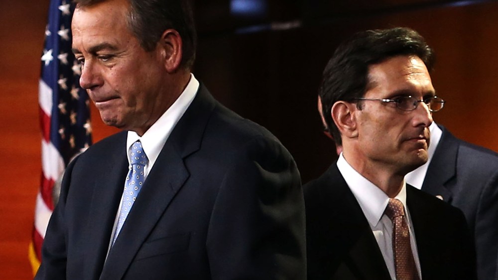 U.S. Speaker of the House Rep. John Boehner (R-OH) (L) and House Majority Leader Rep. Eric Cantor (R-VA) (R) arrive at a news conference to introduce the new House Republican leadership for the next Congress November 14, 2012 on Capitol Hill in...
