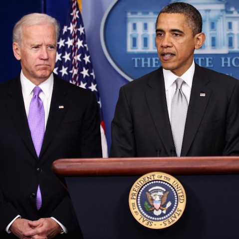 U.S. President Barack Obama (R) announces the creation of an interagency task force for guns as as Vice President Joseph Biden listens in the Brady Press Briefing Room at the White House on December 19, 2012 in Washington, DC. President Obama announced...
