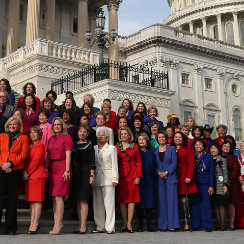 Democratic Leader Nancy Pelosi (D-CA) (C), stands with the Democratic women of the House to highlight the historic diversity of the House Democratic Caucus, on January 3, 2013 in Washington, DC. The new 113th Congress will be sworn in today.  (Photo by...