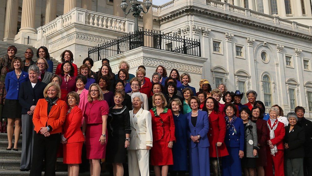 Democratic Leader Nancy Pelosi (D-CA) (C), stands with the Democratic women of the House to highlight the historic diversity of the House Democratic Caucus, on January 3, 2013 in Washington, DC. The new 113th Congress will be sworn in today.  (Photo by...