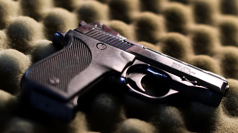 A detail view of a pistol. (Photo by Tom Pennington/Getty)