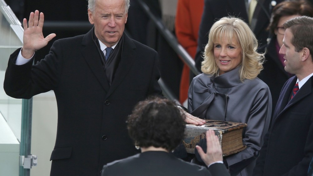 U.S. Vice President Joe Biden is sworn in by Supreme Court Justice Sonia Sotomayor as wife Dr. Jill Biden and Supreme Court Justice Sonia Sotomayor Beau Biden look on during the presidential inauguration on the West Front of the U.S. Capitol January 21...