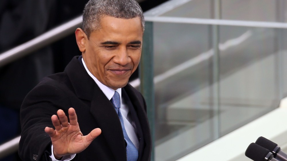 U.S. President Barack Obama waves before speaking during the presidential inauguration on the West Front of the U.S. Capitol January 21, 2013 in Washington, DC.   Barack Obama was re-elected for a second term as President of the United States.  (Photo...