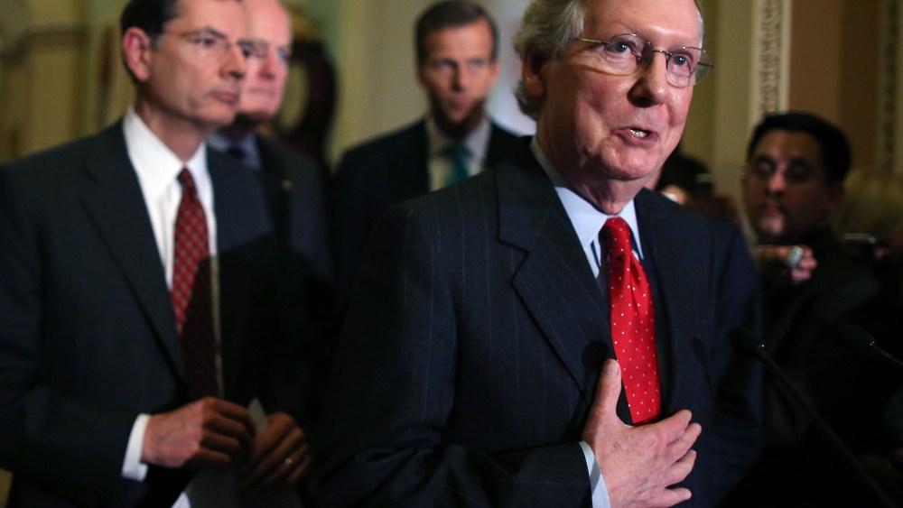 File Photo: Senate Minority Leader Sen. Mitch McConnell (R-KY) (R), speaks to the media while flanked by Sen. John Barrasso (R-WY) (L), Senate Minority Whip Sen. John Cornyn (R-TX) (2nd-L), and Sen. John Thune (R-SD) after the weekly Senate Republican...