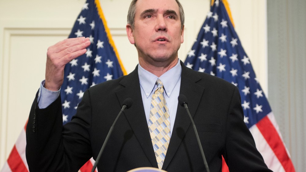 Sen. Jeff Merkley, D-Ore., speaks during the news conference to oppose the chained Consumer Price Index to cut benefits for Social Security and disabled veterans on Thursday, Jan. 31, 2013. (Photo By Bill Clark/CQ Roll Call)