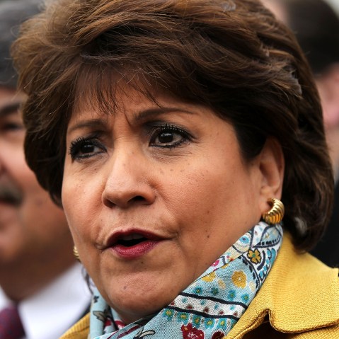 President and CEO of National Council of la Raza Janet Murguia (R) speaks to the press after a meeting with U.S. President Barack Obama at the White House, Feb. 5, 2013 in Washington, D.C.