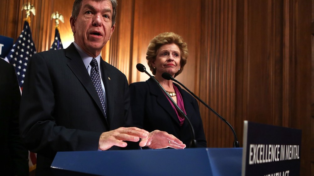 U.S. Senators Roy Blunt and Debbie Stabenow speak during a news conference about the Excellence in Mental Health Act, February 7, 2013 in Washington, DC.