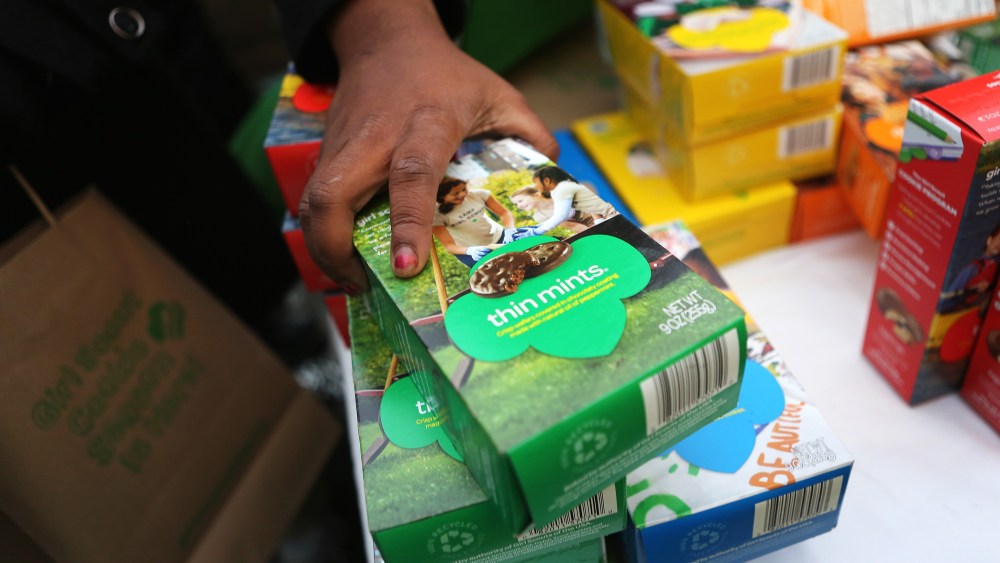 Girl Scouts sell cookies as a winter storm moves in on February 8, 2013 in New York City.