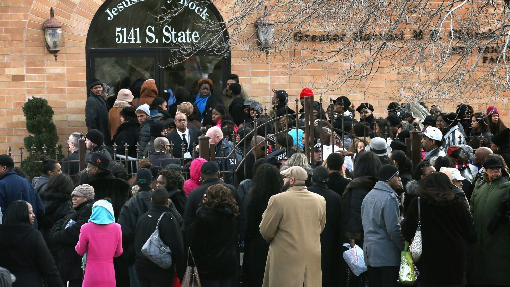 CHICAGO, IL - FEBRUARY 09:  An overflow crowd stands outside the Greater Harvest M.B. Church during the funeral of 15-year-old Hadiya Pendleton on February 9, 2013 in Chicago, Illinois. Hadiya was killed on January 29, when a gunman opened fire on her...