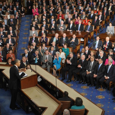 US President Barack Obama delivers his State of the Union address before a joint session of Congress on February 12, 2013 at the US Capitol in Washington.  (Photo by MANDEL NGAN/AFP/Getty Images)
