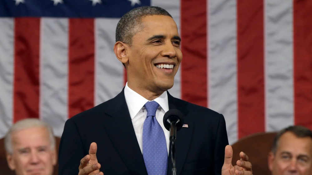 U.S. President Barack Obama, flanked by Vice President Joe Biden and House Speaker John Boehner (R-OH), delivers his State of the Union speech before a joint session of Congress at the U.S. Capitol February 12, 2013 in Washington, DC. Facing a divided...