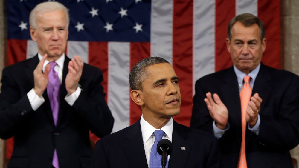 U.S. President Barack Obama, flanked by Vice President Joe Biden and House Speaker John Boehner (R-OH), delivers his State of the Union speech before a joint session of Congress at the U.S. Capitol February 12, 2013 in Washington, DC.(Photo by Charles...