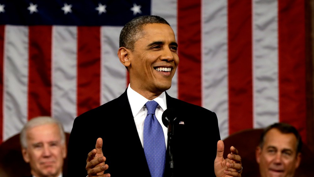 US President Barack Obama delivers the State of the Union address before a joint session of Congress on Capitol Hill in Washington, Feb. 12, 2013. (Photo by Charles Dharapak/AFP/Getty)